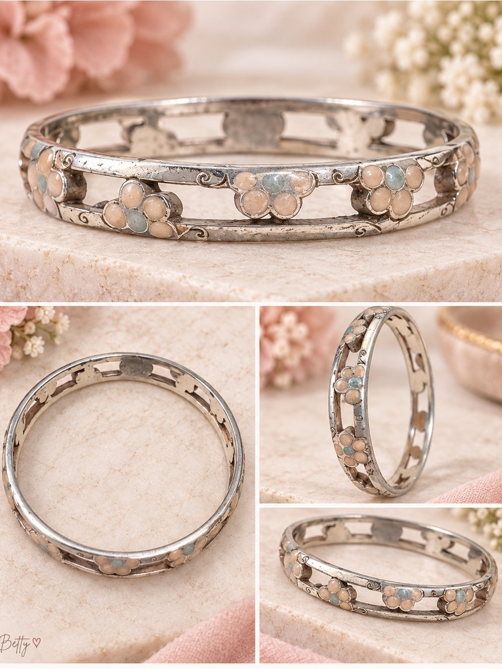 Brighton Silver Floral Pale Pink and Yellow Enamel Flower Bangle Bracelet